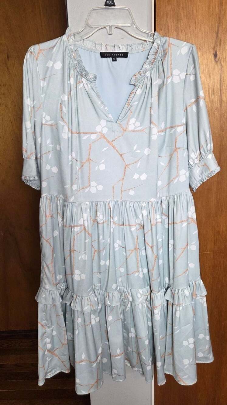 Abbey Glass Light Blue Branch Print Tiered Ruffle Mini Dress Size XL